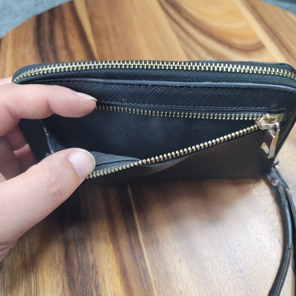 Michael Kors Wristlet Black Leather Double Zip‎ Around Wallet Snap Purse